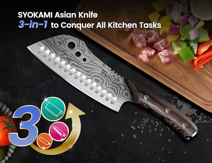 Cleaver Chef Knife with Herb Stripper, 7" Asian Kitchen Knife | 3-in-1 Combined with Chef's Knife, Santoku, Nakiri for Slicing, Chopping, Dicing, Mincing, Housewarming Birthday Cooking Gift