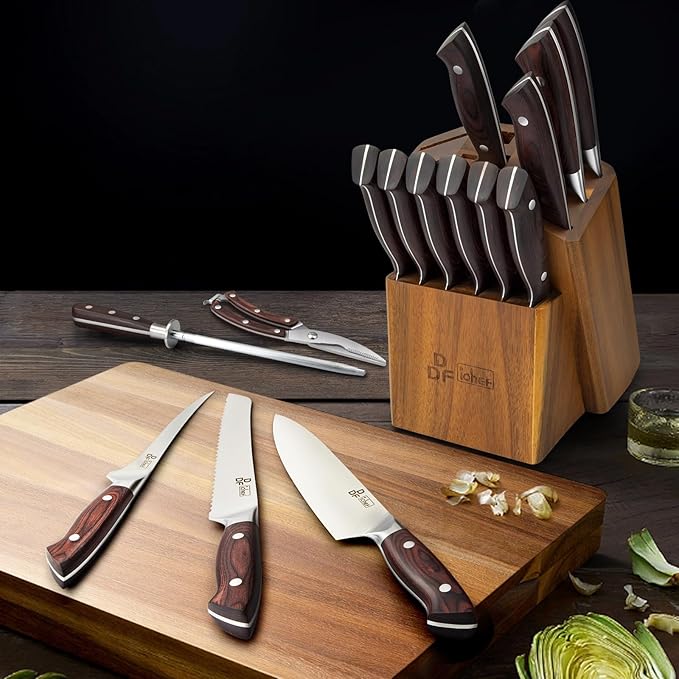 16-Piece Kitchen Knife Set, High-Carbon Stainless Steel, Pakkawood Handles | Ultra-Sharp Knife Block Set with Ergonomic Full-Tang Handles, Professional Knife Set with Block and Sharpener for Gifting