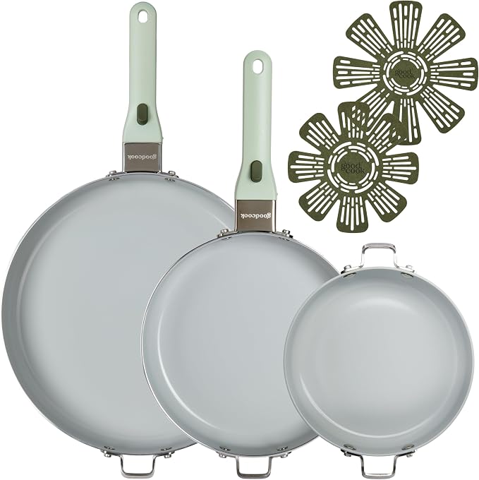 GoodCook Ceramic Cookware Set 7-Piece with Removable Handles, Induction Compatible Fry Pans, Nonstick and Oven Safe, Sage Green
