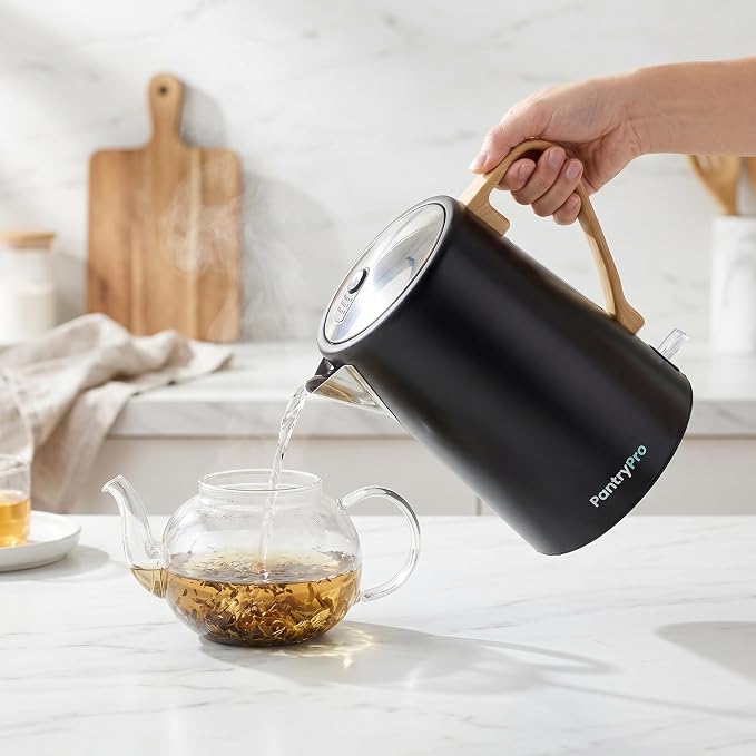 PantryPro 1.7L 1500W Rapid-Boil Electric Kettle - Stainless Steel Interior - Auto Shut-Off, Boil-Dry Protection, LED Indicator, Wide Opening - Black