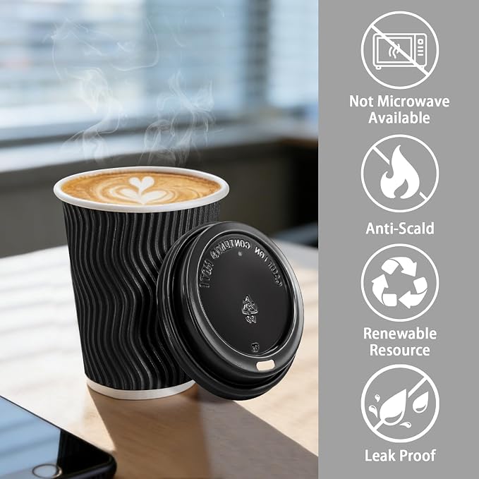 Lamosi 50 Pack 8 oz Disposable Coffee Cups with Lids and Straw, Black | Insulated Corrugated Ripple Wall Hot Cups with Lids for Hot Drink, Office, Coffee Bars, Meetings, and Short To-Go Use