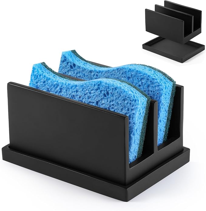 Luxspire Kitchen Sponge Holder wtih Drain Tray, 2 Compartment, Matte Black | Diatomite Stone Material, Quick-Drying & Water Absorbing stone dish sponge, For Kitchen Sink Counter, Easy to Maintain