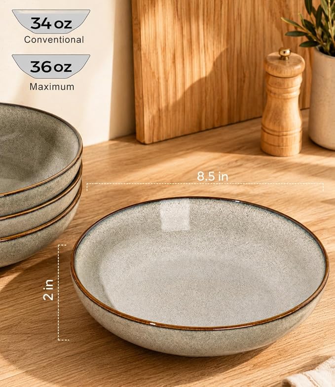 AmorArc 8.5’’ Ceramic Pasta Bowls Set of 6, 36oz Large Stoneware Bowls Set | Large Dinner Serving Bowls Set, Wide Bowl Plate for Pasta,Salad, Soup, Microwave Safe, Reactive Glaze-Green Wheat
