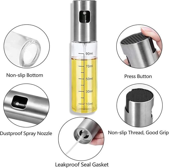 Oil Sprayer for Cooking, 100ml Olive Oil Sprayer Mister for Air Fryers, Oil Spray Bottle, Vinegar Soy Sauce Dispenser, Oil Mister with Stainless Steel Cap, for Baking Roasting Frying Use