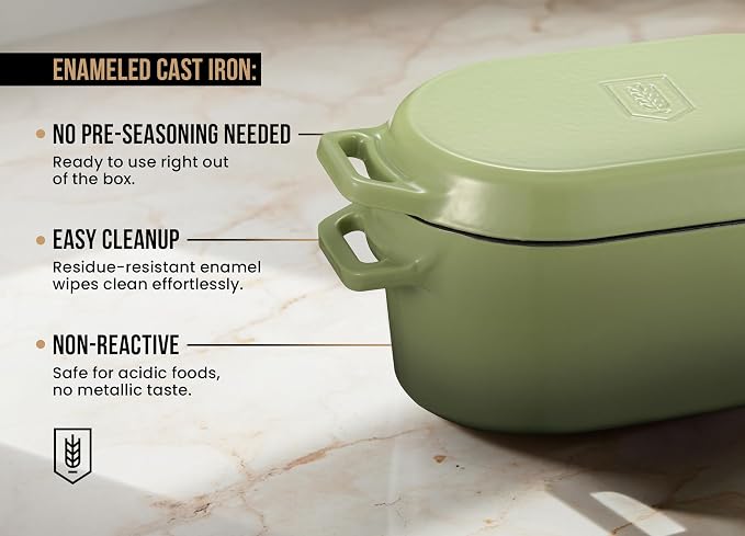 KooK Oval Dutch Oven, for Bread Baking, Sourdough Loaf Pan, Dual Handles, Enameled Cast Iron, with Sling, Dishwasher Safe, 3.4 Qt, Sage Ombre