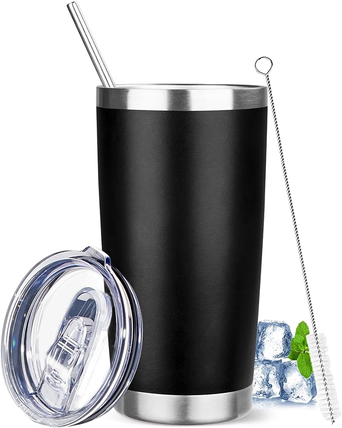 20 oz Tumbler with Lids and Straws, Stainless Steel Insulated Travel Coffee Mug, Double Wall Vacuum Insulated Tumblers, Powder Coated Coffee Tumbler for Cold & Hot Drinks (Black)