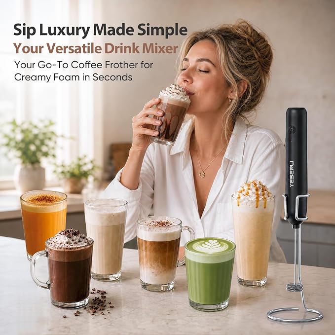Rechargeable Milk Frother Handheld-2000mAh Battery | Frother Wand with Dual Detachable Whisk Heads, 2 Speeds, IPX6 Waterproof Drink Mixer & Stand for Latte, Cappuccino, Matcha