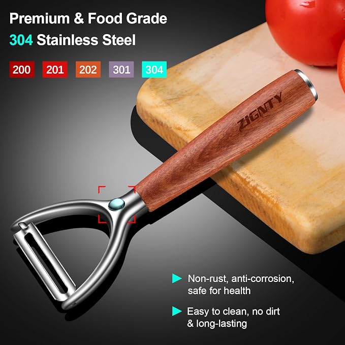 Premium Vegetable Peeler Stainless Steel, Ultra Sharp Potato Peelers | Swivel 420J2 Blade, Ergonomic Wood Handle, Premium Veggie Fruit Peeler for Kitchen, Apple Carrot Cucumber Y Shaped Peeler