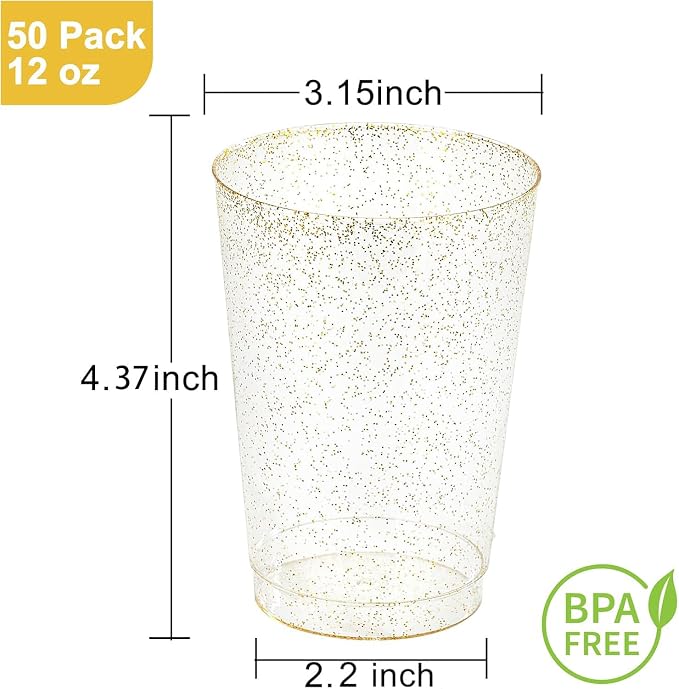 I00000 50 Pack 12 oz Gold Glitter Plastic Cups, Clear Disposable Cups, Disposable Plastic Wine Glasses Cocktail Glasses Premium Cups, 12 Ounce Glitter Tumblers for Party & Wedding
