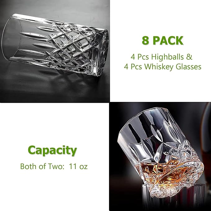Qipecedm Drinking Glasses, 8 Piece Crystal Glass Cups, Mixed Glassware Set, 4 pcs Crystal Old Fashioned 11oz Highballs and 4 pcs 11oz Whiskey Glasses, Great for Cocktail, Whisky and other Beverages
