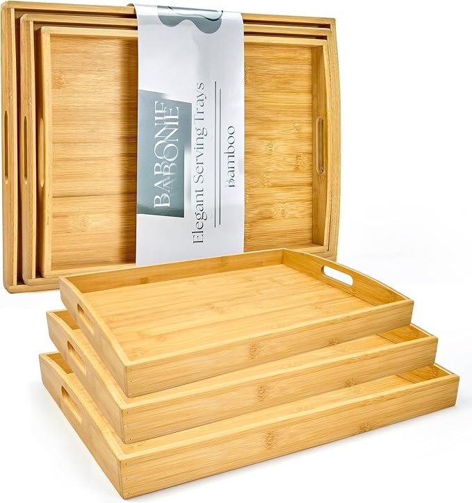 Bamboo Serving Tray Set of 3, Bamboo Trays with Handles | Decorative bamboo serving trays for serving, storage,kitchens, living rooms,bathrooms, outdoor scenarios and more