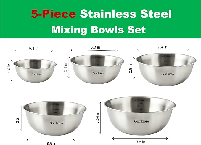 5 Pcs Stainless Steel Mixing Bowls,Dishwasher Safe,Food Grade 304,Silver,Salad Prep & Cooking