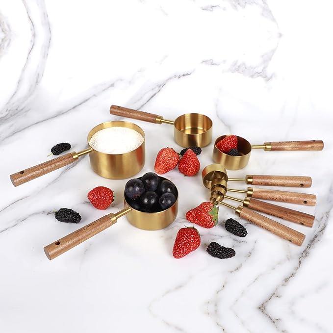 Collection 8 Piece Gold Measuring Cups Set and Measuring Spoons, Golden With fragrant wood Handles-Complete Set of Measure Cups and Spoons For Cooking and Baking.…