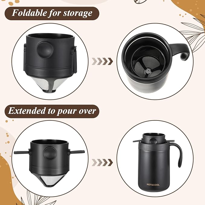 Portable 16oz Pour Over Coffee Maker Set with Spoon and Brush | Insulated Camping Coffee Maker with Foldable Filter & Stirrer & Cleaning Brush for Travel Camping Offices Backpacking