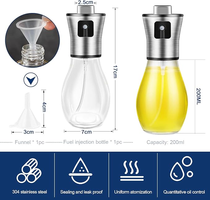 Glass Olive Oil Sprayer for Air Fryer & Grill – 1g Precise Oil Control | 200ml Refillable Fine Mist with Square Button – Leakproof with Funnel – Non-Stick Healthy Essential for Salad, BBQ, Roasting