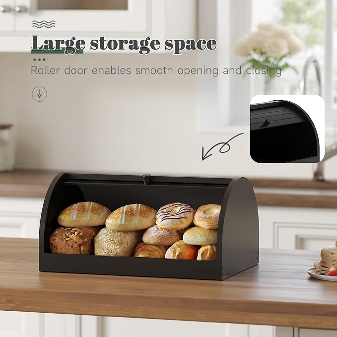 STDDRE Corner Bread Box for Kitchen Countertop Roll Top Bread Box Kitchen Food Storage Box for Homemade Bread Bread Holder for Kitchen Counter Pantry Shelf (Black)