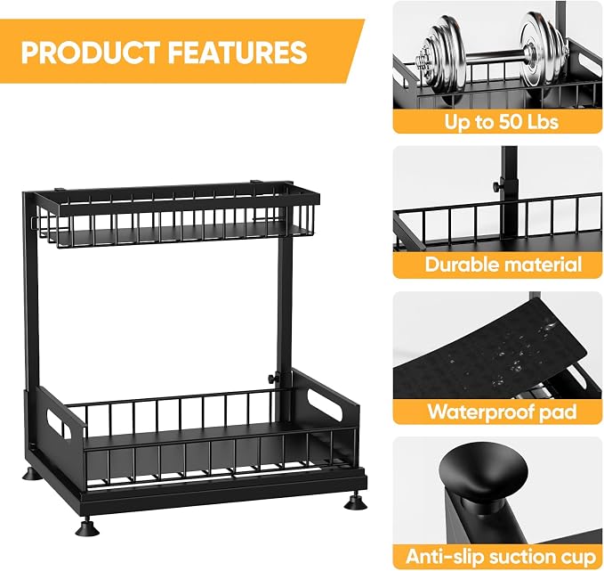 2-Pack L-Shaped Under Sink Organizer, 2-Tier Pull-out Cabinet Rack | Black Height-Adjustable Steel Rack, Sliding Grid Drawers with PP Liners, Holds 100 Lbs, Suction Base, Ideal Kitchen Storage