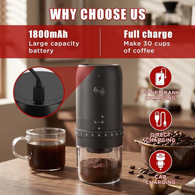 Electric Coffee Grinder, Portable Coffee Bean Grinder with Conical Ceramic Burr, USB-C Rechargeable Espresso Grinder with Adjustable Coarseness & Auto Shut-Off, Grinder for Travel Camping Office Home