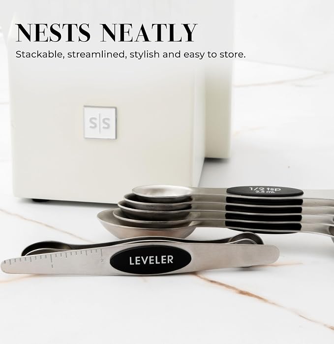 Styled Settings Stainless Steel Magnetic Measuring Spoons Set with Leveler | 8-Piece, Dual Sided, Stackable, BPA Free, Stainless Steel Measuring Spoons for Dry & Liquid Ingredient - Fits in Spice Jars
