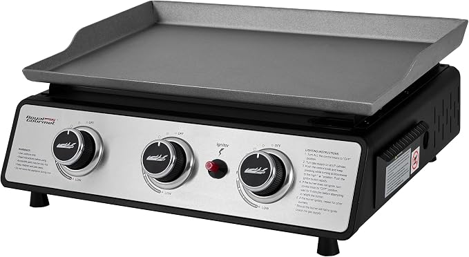 Royal Gourmet PD1301S Portable 3-Burner Tabletop Gas Griddle | 25,500 BTU Cooking Power, 304 Sq. In. Cooking Surface | Ideal for Camping & Tailgating, Black & Silver