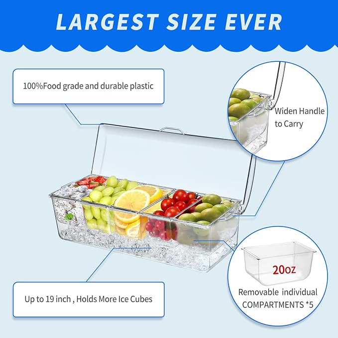 Ice Chilled Condiment Caddy, Condiment Containers with Lids,Serving Tray | mimosa bar supplies,5 Removable Compartments (2.5 cup),fruit tray,hosting essentials,catering supplies