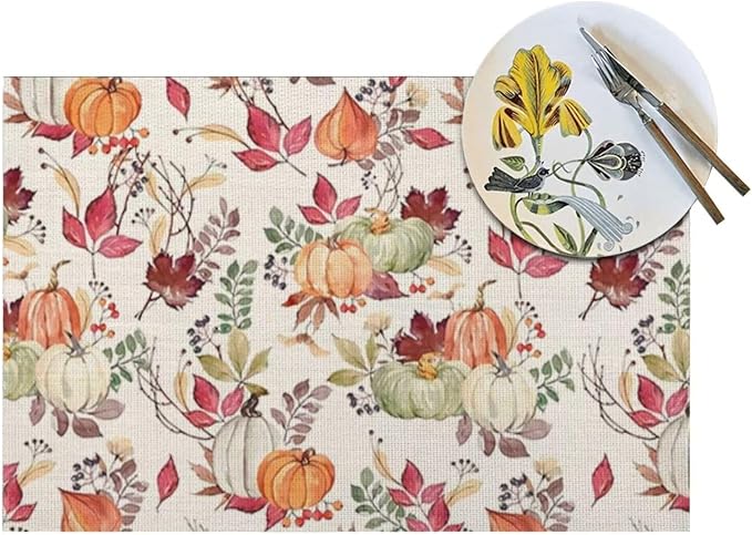Fall Placemats Set of 4, Pumpkin Maple Leaf Flower Decorative Table Mat 12 x 18 Inch Heat Resistant Non Slip Line Fabric Autumn Thanksgiving Place mat for Dining Table