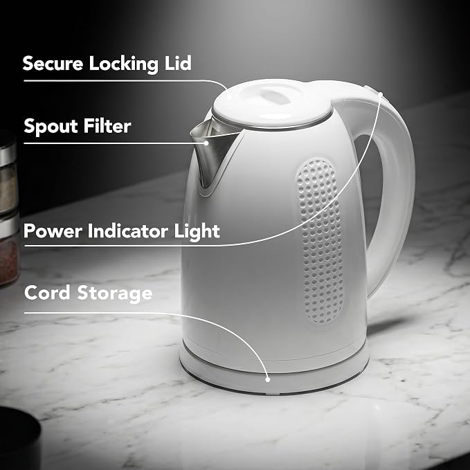 OVENTE 1.7L Double Wall Electric Tea Kettle, 1100W Power, White KD64W | Water Boiler with Cool-Touch Exterior, Stainless Steel Interior, Auto Shut-Off, Boil-Dry Protection & Locking Lid, Easy Clean