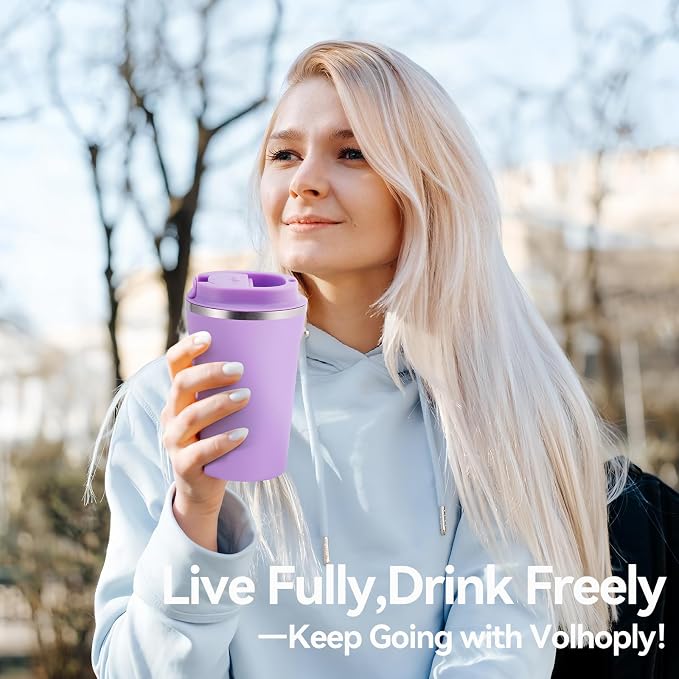 Volhoply 12 oz Double Wall Insulated Vacuum Travel Coffee Mug with Flip Lid Bulk 8 Pack,Reusable Stainless Steel Leak Proof Coffee Cup,Portable Cafe Thermal Tumblers for Hot&Cold Drinks(Purple,8 Set)
