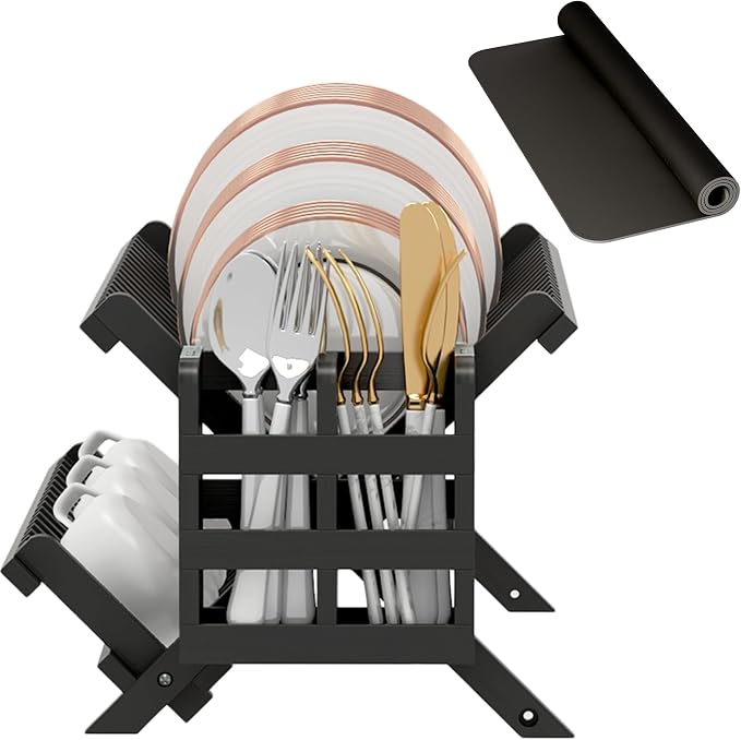 Greenual Black Bamboo Dish Drying Rack with Utensil Holder, 2 Tier Collapsible Dish Rack, Wooden Dish Racks for Kitchen Counter, Folding Drying Holder with Absorbent Dish Drying Mat