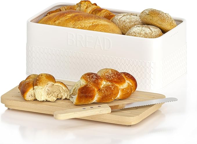 Bread Box for Kitchen Countertop - Metal Bread Storage with Bamboo Cutting Board Lid & Bread Knife, Corner Bread Container for Homemade Bread and Toast, White