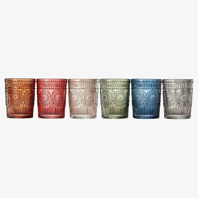 Beautiful Colored Tumbler Drinking Glasses | Set of 6 | Crystal, 10oz - Vintage Drinking Cup, Luxury Multi Color Glassware Gift Set Her, Wife & Mom, Him - Colorful Drinkware for Water, Wine, Cocktail