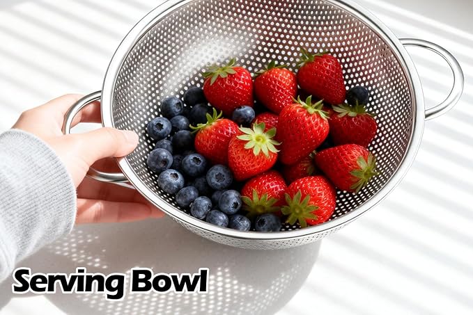 Leonyo Stainless Steel Colanders and Strainer Set, 3 Pack(1-3-5Quart) | Non-Toxic Metal Strainers and Colanders, Micro-Perforated Colander for Kitchen Draining Rinsing Steaming,Dishwasher Safe