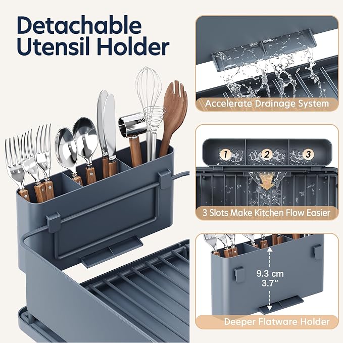 KINGRACK Dish Drying Rack for Kitchen Counter, Dish Drainer with Cup Holder | 16.9"L x 12.4" W Dish Rack with Spacious Drying Capacity, Quick Auto Dish Drainer for Plate Dish Dinnerware, Blue