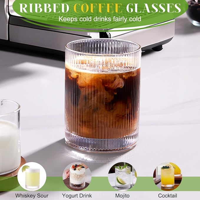 Drinking Water Glass Cups Set,Crystal Clear ribbed Glass set of 8,17oz&12oz | Unique Design Vintage Cocktail Glass, Tall Glass Cups Ideal for Ice Coffee Cup, Whiskey, Mixed Drinkware