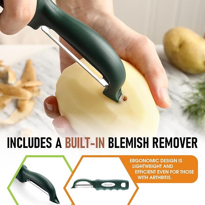 Spring Chef Swivel Potato Peeler w/Soft Grip Handle, Set of 2, Pine Green | Premium Vegetable Peeler w/ Sharp Stainless Steel Blades, Multifunctional Food Peeler for Apple, Carrot, Cucumber, Fruit