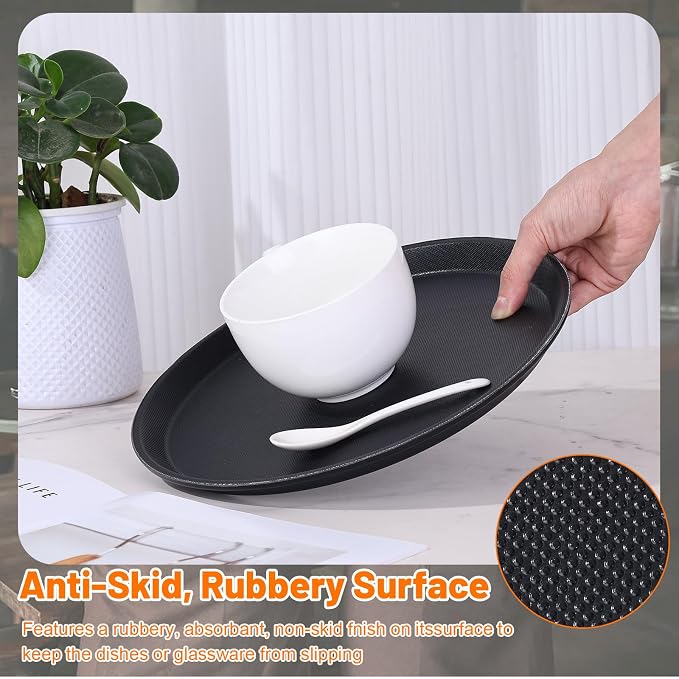 Mwellewm 3 Pcs Round Serving Tray, 11 Inch Non Slip Surface Round Tray Black Server Tray Plastic Food Meals Server with Raised Edges for Home, Kitchen, Restaurant, Cafeteria, Bar, Hotel