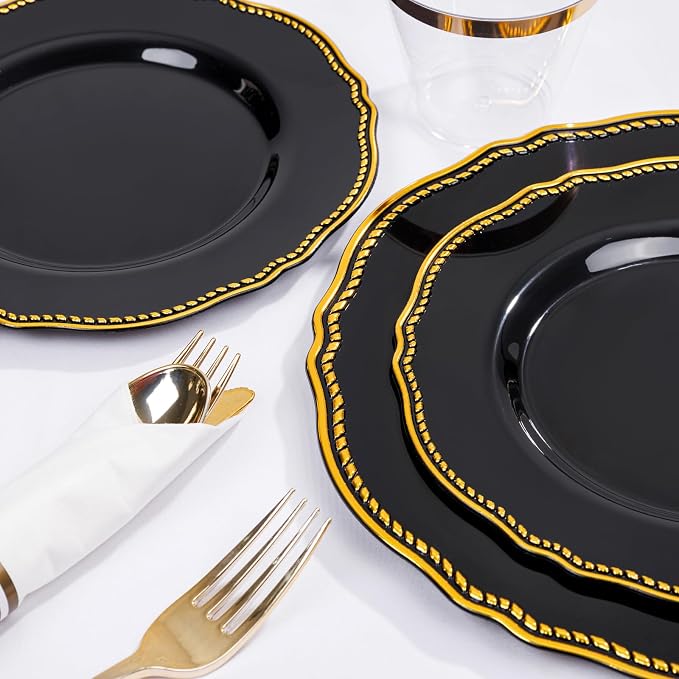 175 Pcs Black and Gold Plastic Plates Wedding & Party | Gold Plastic Dinnerware Set Includes 25 Dinner Plates, 25 Dessert Dinnerware, 25 Cups, 25 Napkins Perfect