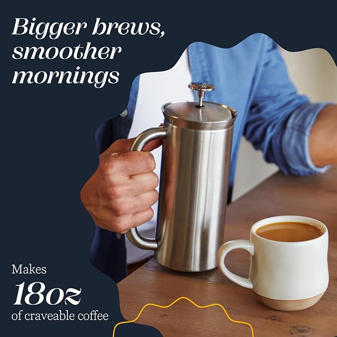 ESPRO P7 French Press, 18oz, Brushed, Stainless Steel Coffee Maker | Double Filter Coffee Press, Grit-Free Coffee, Heat Resistant Insulated tea Press, Easy Hot and Cold Coffee Brewer, Tea Brewer