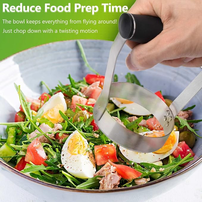 HULISEN Food Chopper Manual Hand, Stainless Steel Hand Chopper, Plain Edge | 3 inch Round, Ergonomic Rubber Handle, Chops Egg Nut Collard Tuna Salad & Ground Beef, Dishwasher Safe