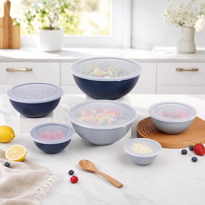 BoxedHome BPA Free Plastic Round Mixing Bowl with Lids, 12 Pack Nesting Bowls with Lids Set, Microwave and Dishwasher Safe Prep & Serving Bowls Great for Mixing, Baking, Serving (Haze Blue, 12pcs)