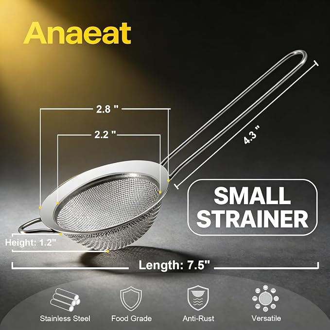 Anaeat Fine Mesh Strainers - Premium Stainless Steel Colander Sieve Sifters, with Durable Mesh and Sturdy Handle, Excellent for Sifting Dry ingredients, Flour, Pastas, Rice, Tea (2.8"）
