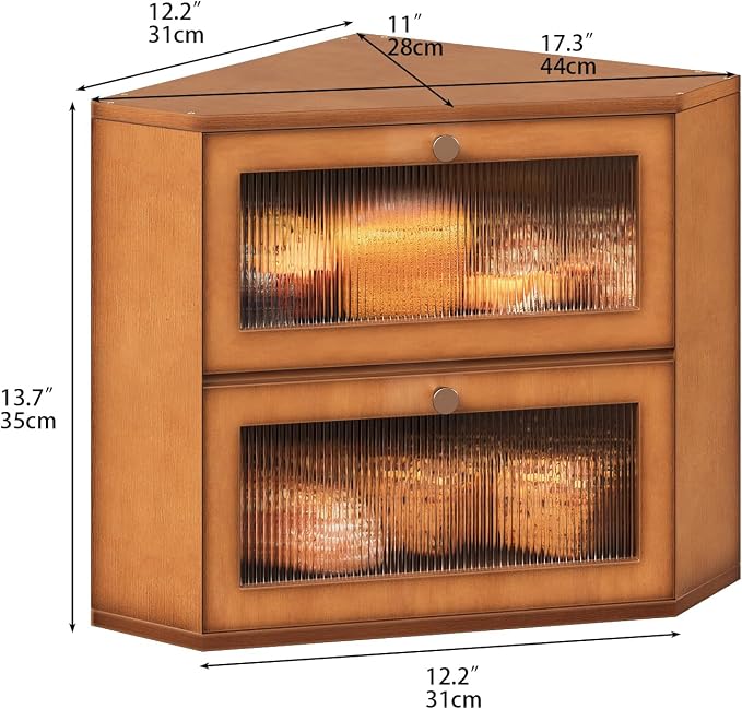 Trironsun Corner Bamboo Bread Box for Kitchen Counter Double Layer Bread Storage Container Large Capacity Bread Storage Bin with Wavy Arcylic Transparent Door (Brown)