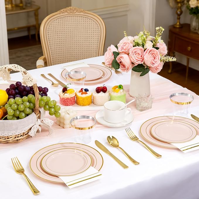 GATHER 350PCS Pink Plastic Plates with Gold Rim for Wedding Baby Shower | Pink Disposable Plastic Dinnerware Set include 100 Plates, 150 Silverware, 50 Napkins, 50 Cups for Party Birthday