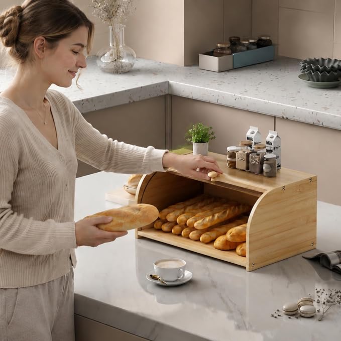 Roll Top Bread Box for Kitchen Countertop with Clear Lid | Natural bamboo, clear roll-top lid. Airtight small breadbox. Fits homemade loaves, bagels, pastries. Easy assembly.
