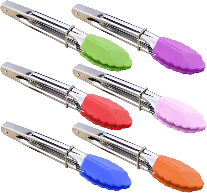 HINMAY Small Tongs with Silicone Tips 7-Inch Mini Serving Tongs, Set of 6 | Green Red Blue Purple Pink Orange