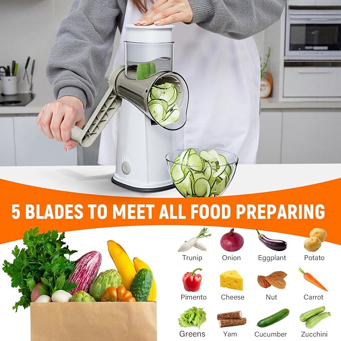 Rotary Cheese Grater Hand Crank, 5-in-1 Vegetable Chopper Spiralizer Slicer | Shredder with 5 Interchangeable Blades for Vegetable, Cheese, Fruit, with Blades Storage Box & Stable Suction Base (White)