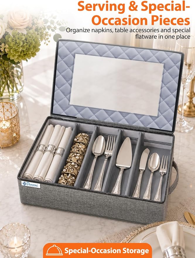 punemi Hard Shell Silverware Storage Box, Flatware Organizer, 2 Pack, Gray | Adjustable Dividers, Clear-Window Zippered Lids, for Spoons, Forks, Knives, Serving Utensils, Kitchen & Moving Storage