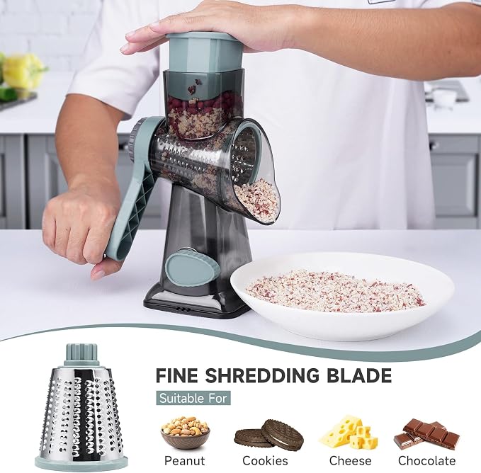 3 in 1 Rotary Cheese Grater Hand Crank with Strong Suction Base | Cheese Shredder with 3 Detachable Blades, Slices, Chops & Shreds Veggies & Nuts, Dishwasher Safe, GreyBlue