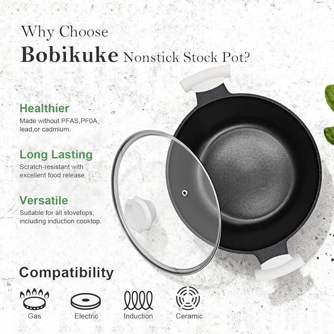 5 Qt Nonstick Stock Pot with Lid, Soup Pot with Stay-Cool Handle, White | Lightweight & Durable, Suitable for All Stoves, Including Induction, PTFE & PFAS & PFOA Free