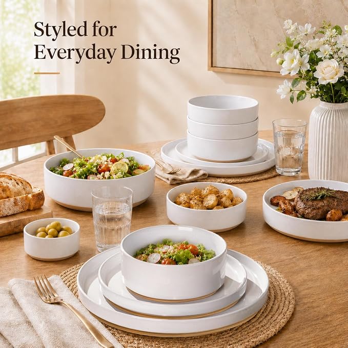 AmorArc Stoneware Dinnerware Sets for 4,12Pcs Plates and Bowls Set | Handmade Ceramic Dish Set,Dishwasher & Microwave Safe,Scratch Resistant-White